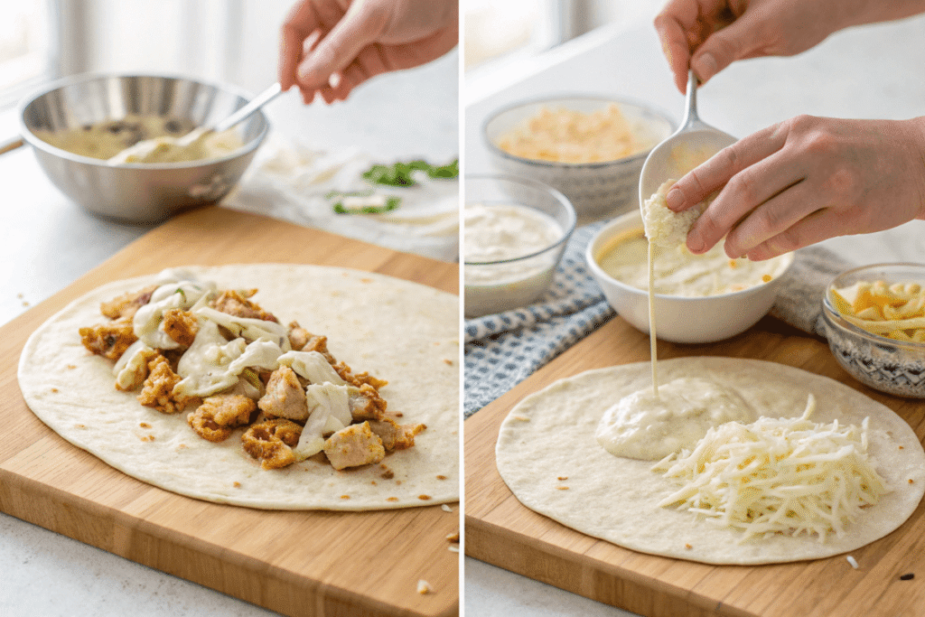 Assembling cheesy garlic chicken wraps step-by-step