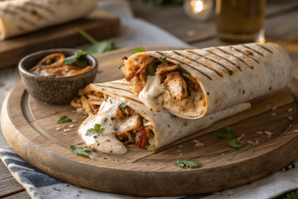 Cheesy garlic chicken wrap with Korean bulgogi marinade