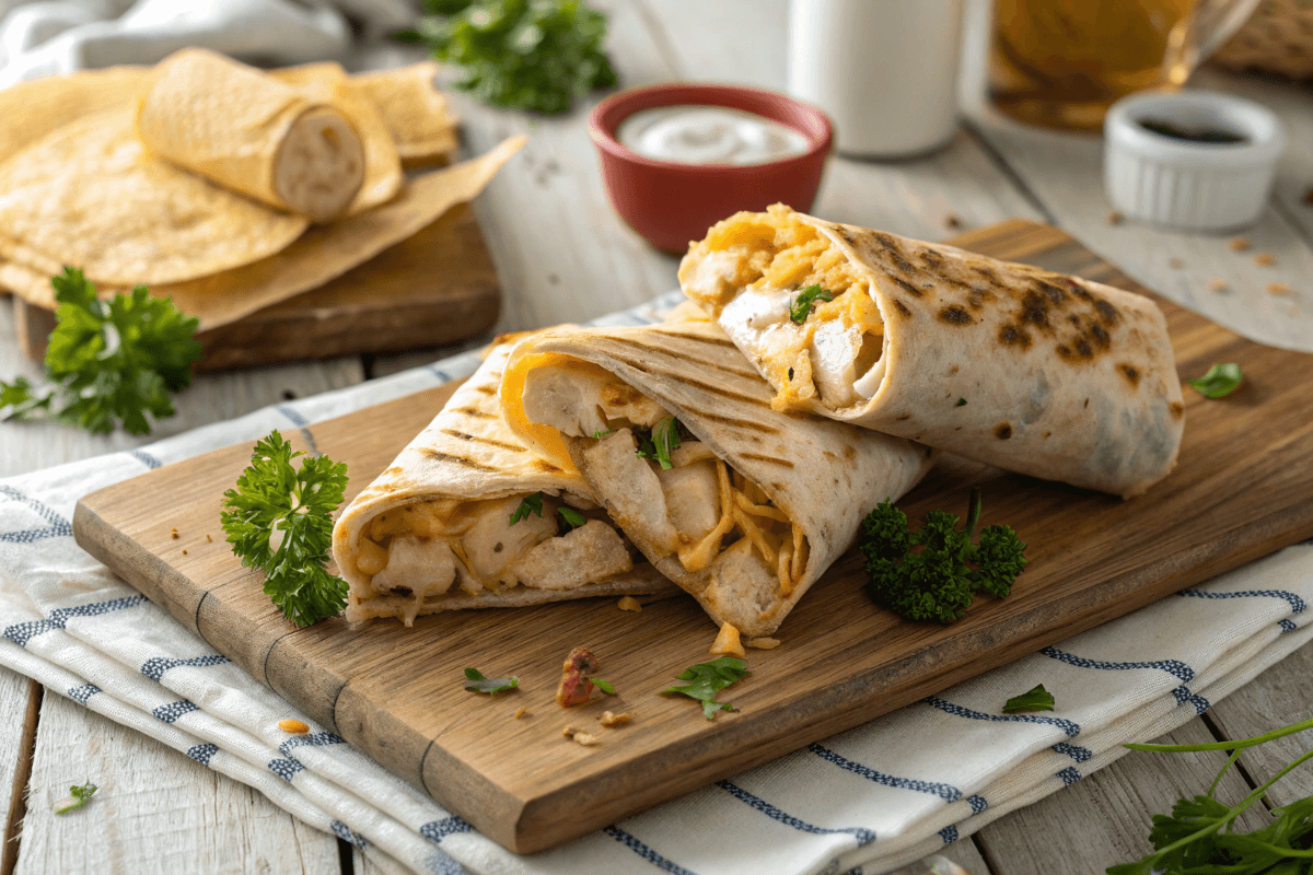 Freshly made cheesy garlic chicken wraps with melted cheese