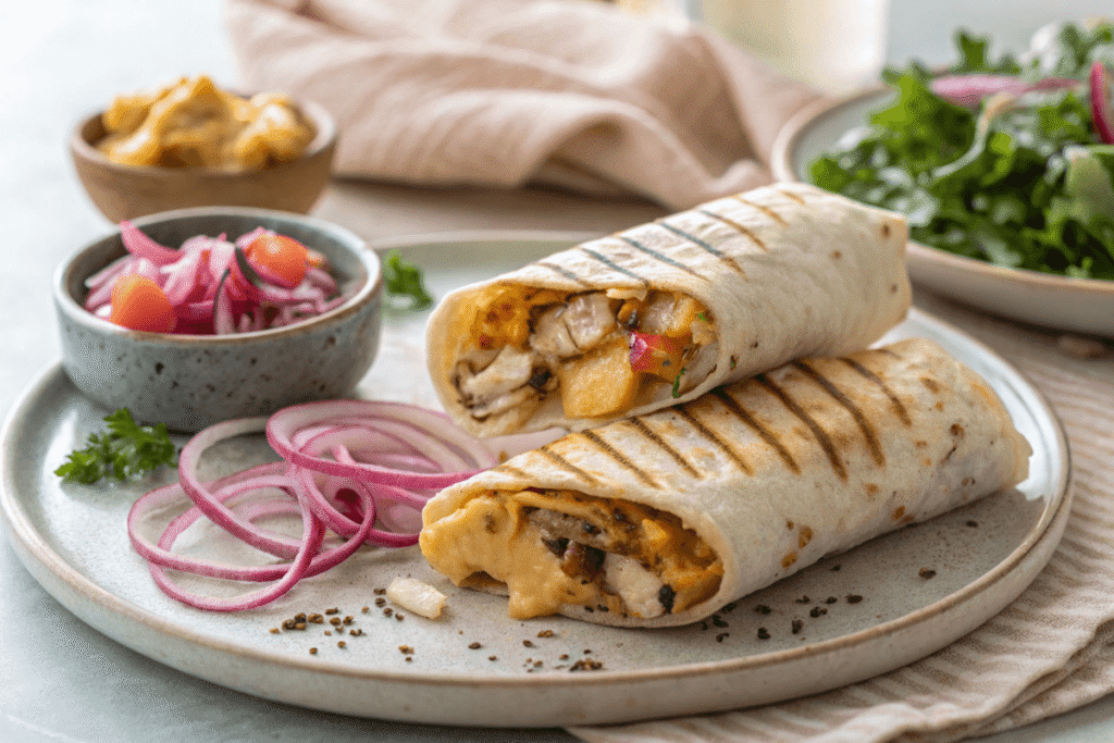 Plated cheesy garlic chicken bulgogi wraps
