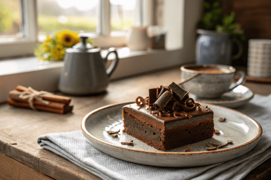 Chocolate mousse brownie slice on a rustic plate