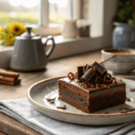 Chocolate mousse brownie slice on a rustic plate