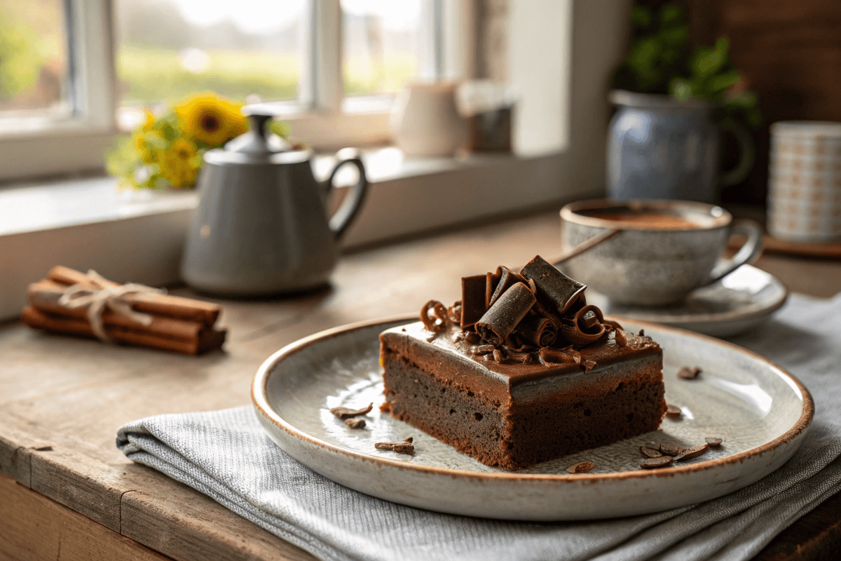 Chocolate mousse brownie slice on a rustic plate