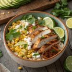 Overhead view of street corn chicken rice bowl