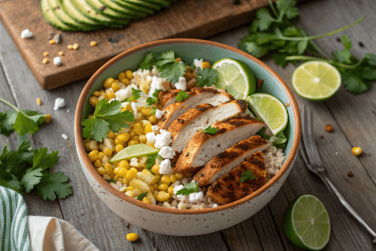 Overhead view of street corn chicken rice bowl