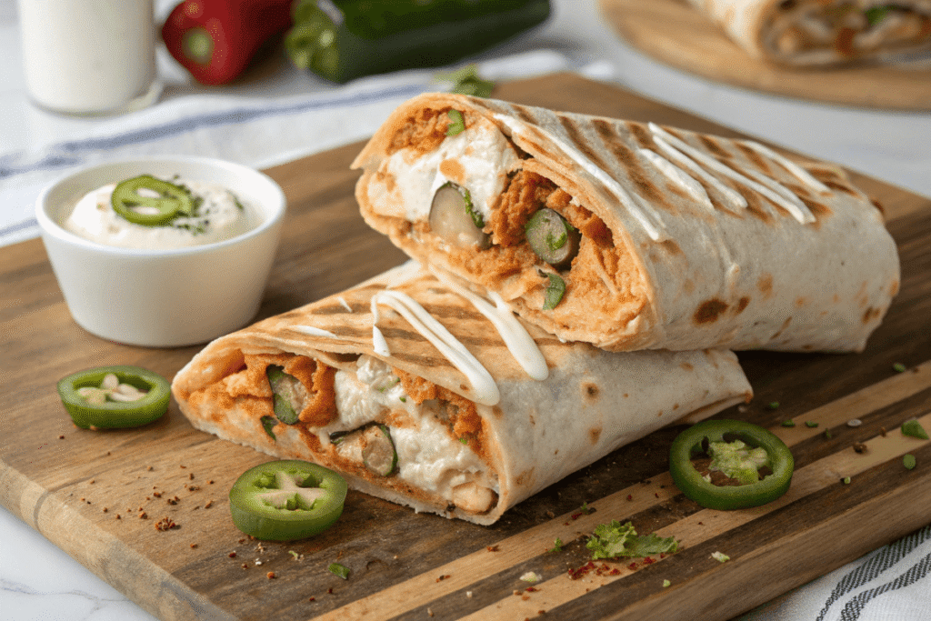 Cut buffalo chicken wrap with ranch