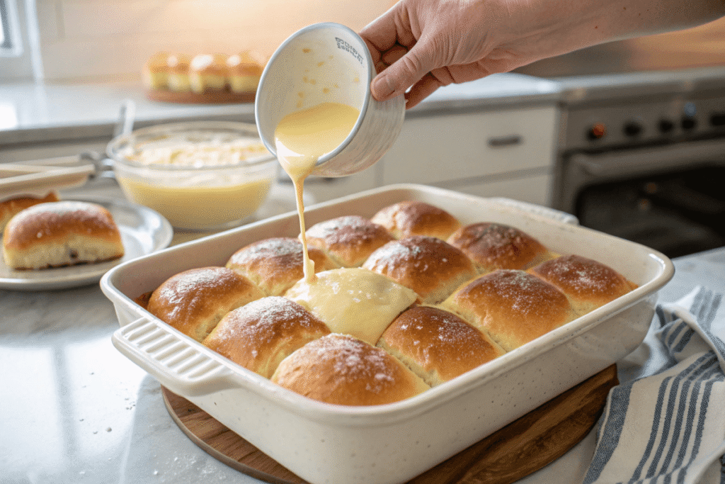 Hawaiian rolls soaking in vanilla egg custard