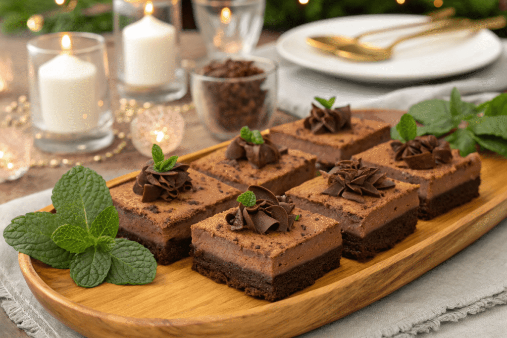 Chocolate mousse brownie squares on a platter