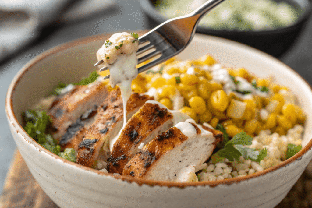 Close-up bite of chicken and corn from rice bowl
