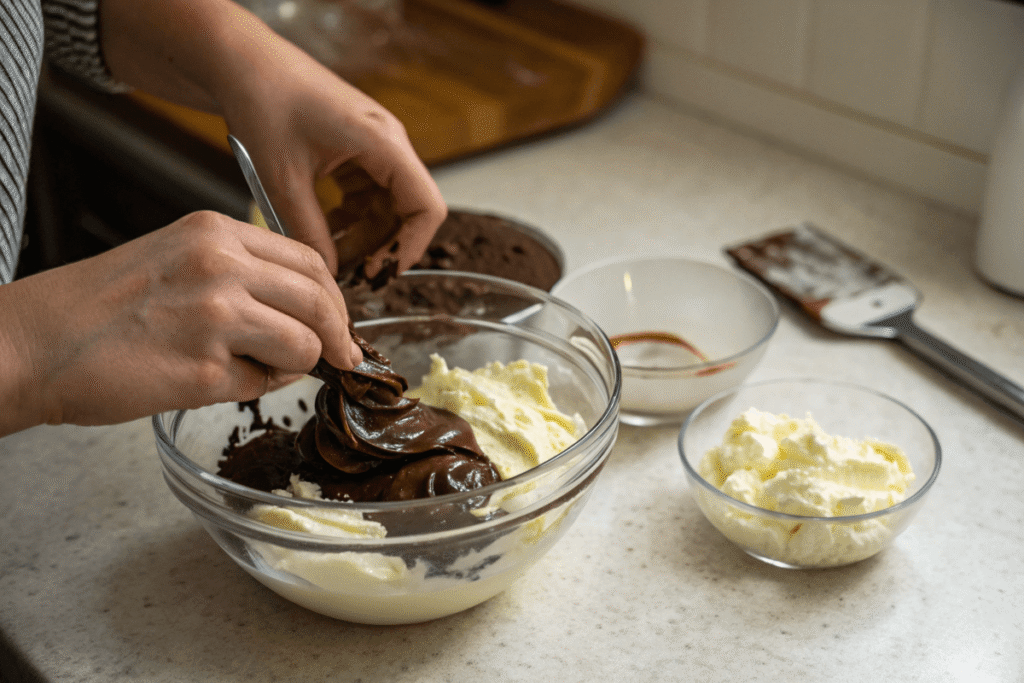 Folding ganache into whipped cream