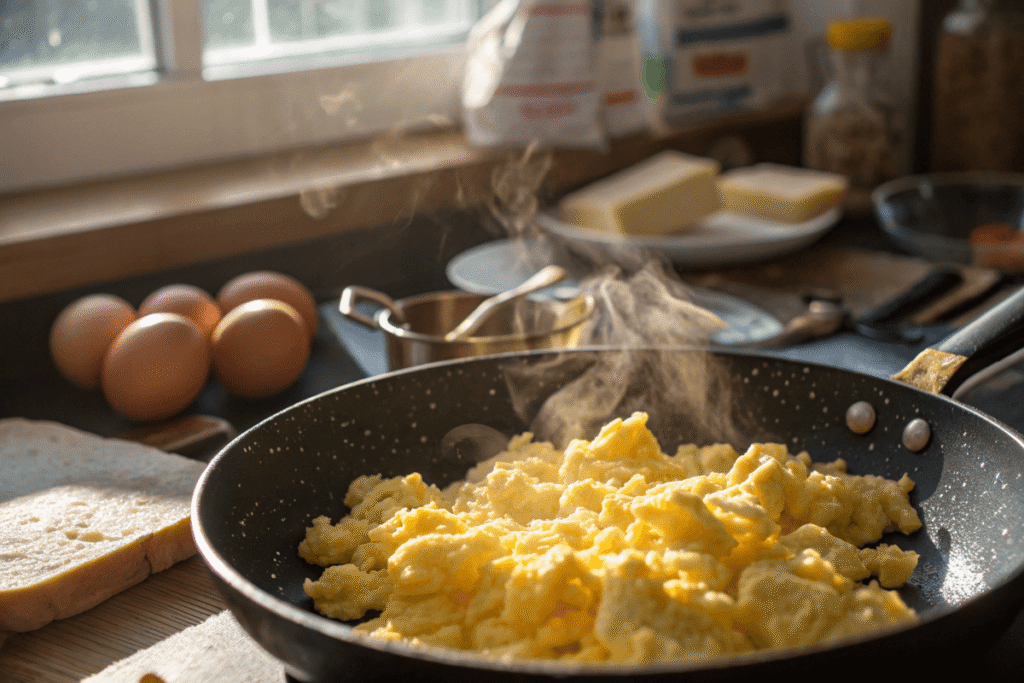 Scrambled eggs cooking in pan