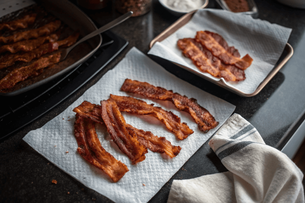 Crispy bacon on paper towel