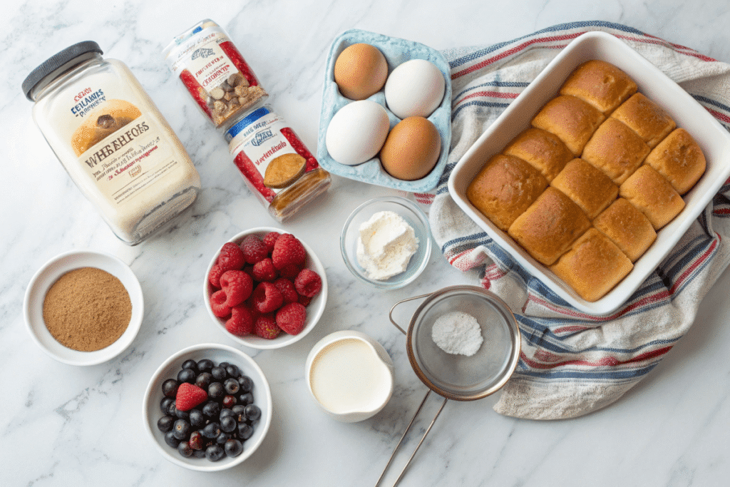 Hawaiian French toast ingredients on marble counter