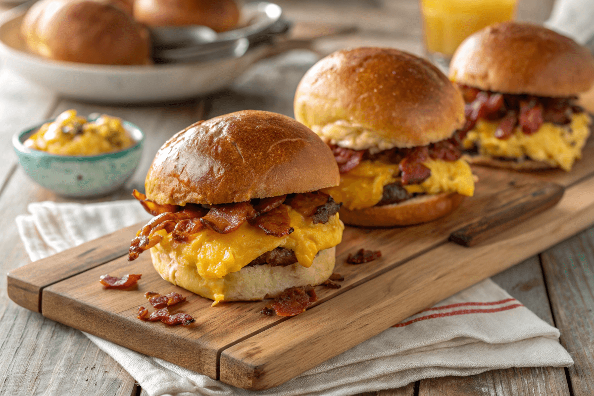 Crack Breakfast Sliders on rustic wooden table