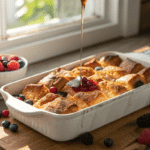 Hawaiian roll French toast casserole with berries and syrup