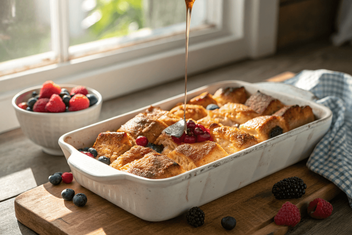 Hawaiian roll French toast casserole with berries and syrup