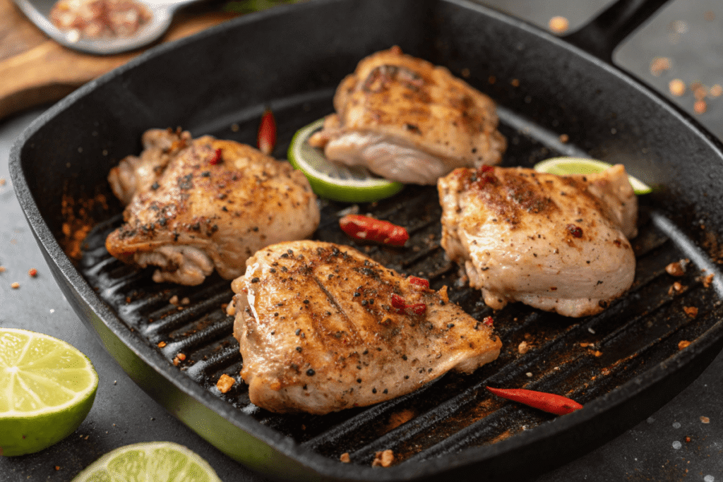 Grilled chicken thighs cooking in a skillet