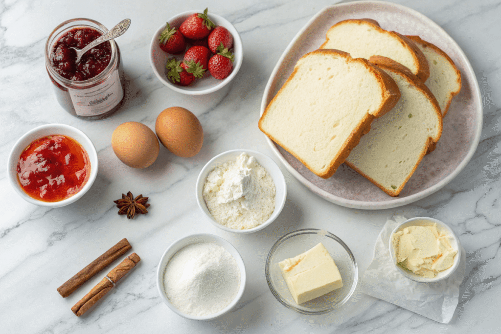 Ingredients for fried strawberry cheesecake sandwiches