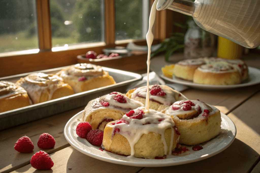 Raspberry cinnamon rolls topped with lemon glaze