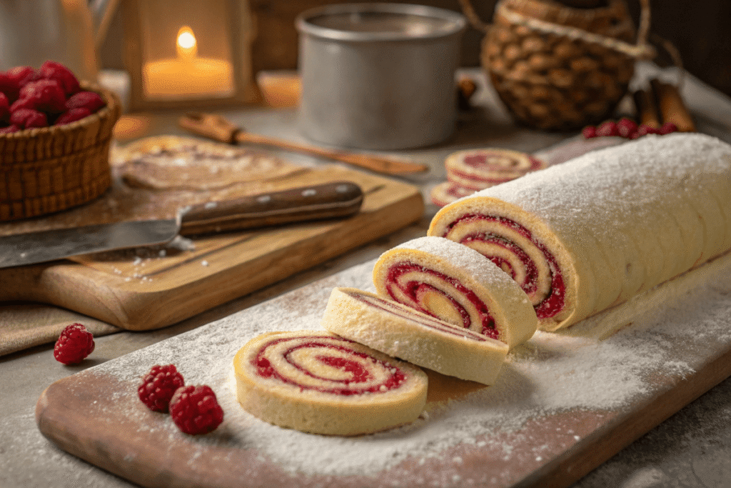 Sliced raspberry-filled cinnamon roll dough