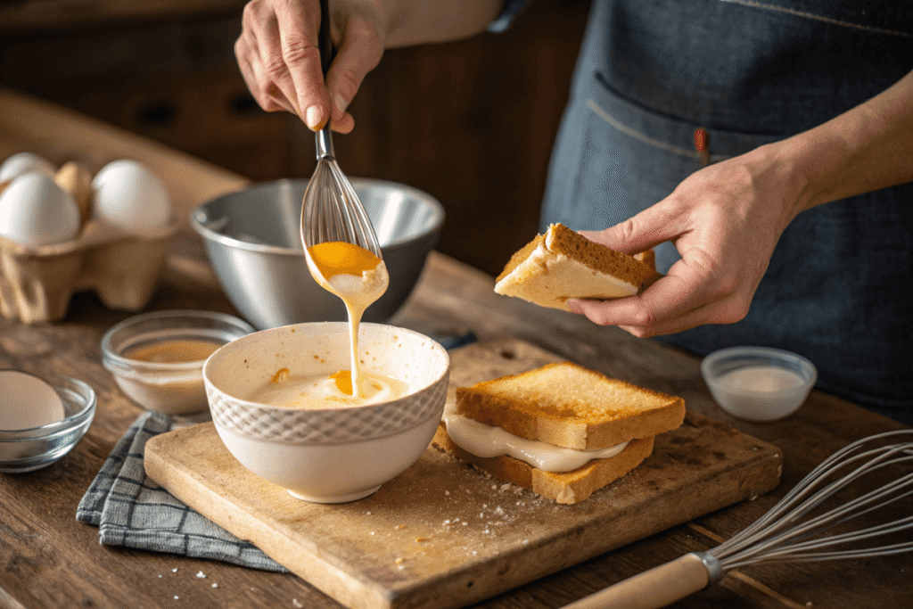 Dipping cheesecake sandwich into batter before frying